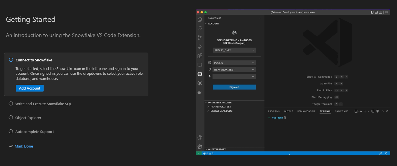 Snowflake VS Code Extension showing getting started walkthrough, account connection, and database explorer