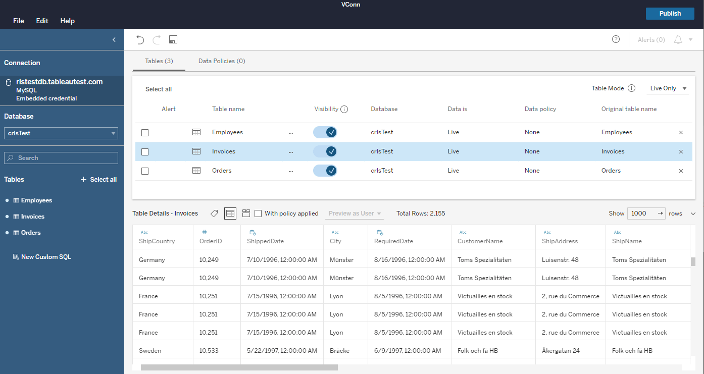 Tableau Virtual Connections editor showing table configuration, data policies, and data preview