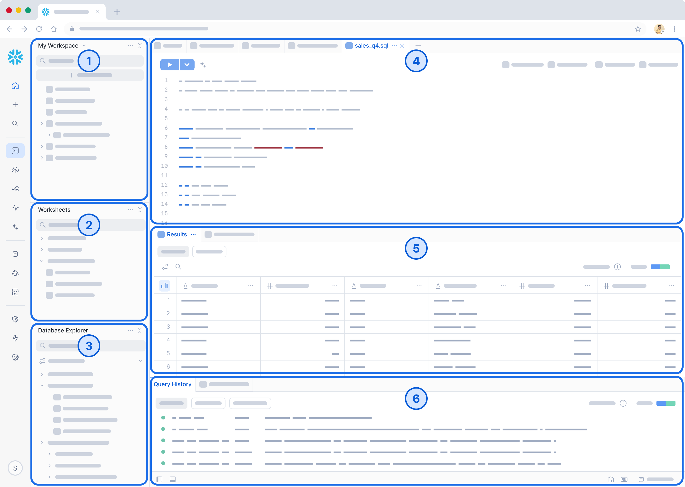 Snowsight Workspaces UI showing file explorer, SQL editor, results panel, and query history